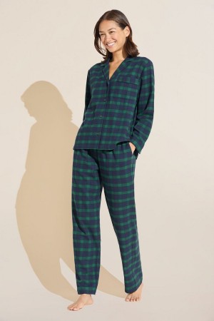 Eberjey Flannel Long PJ Set Pyjama Dames Donkerblauw Groen | ZFN7638WA