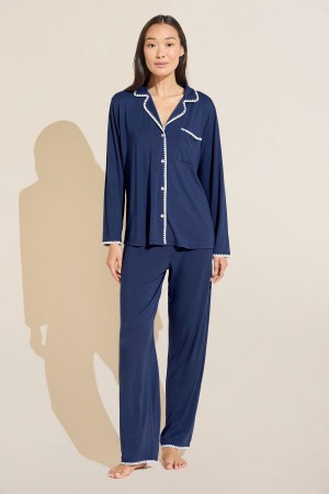 Eberjey Frida TENCEL™ Modal Long PJ Set Pyjama Dames Donkerblauw Wit | AUF2136XB