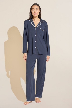 Eberjey Frida TENCEL™ Modal Long PJ Set Pyjama Dames Blauw Wit | WKH8793TJ