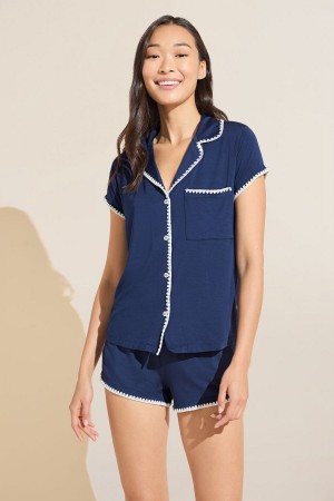 Eberjey Frida TENCEL™ Modal Shortie Short PJ Set Pyjama Dames Donkerblauw Wit | SGJ7732GT