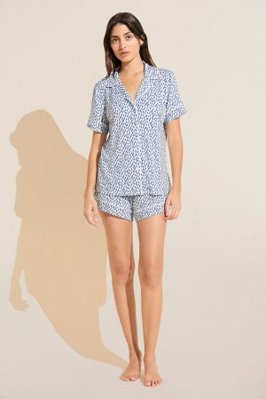 Eberjey Gisele Printed TENCEL™ Modal Relaxed Short PJ Set Pyjama Dames Blauw Wit | KGH8981ZJ