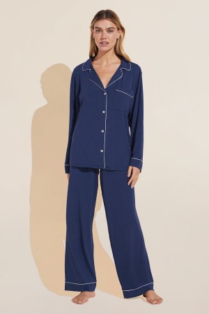 Eberjey Gisele TENCEL™ Modal Long PJ Set Pyjama Dames Donkerblauw Wit | ZOU6716LW