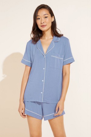 Eberjey Gisele TENCEL™ Modal Relaxed Short PJ Set Pyjama Dames Blauw Wit | IHY2853NW