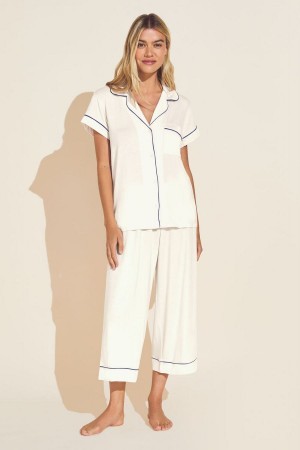 Eberjey Gisele TENCEL™ Modal Short Sleeve Cropped PJ Set Pyjama Dames Wit Donkerblauw | LFD5375KT