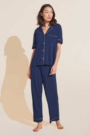 Eberjey Gisele TENCEL™ Modal Short Sleeve & Pant PJ Set Pyjama Dames Donkerblauw Wit | SXT1475PC