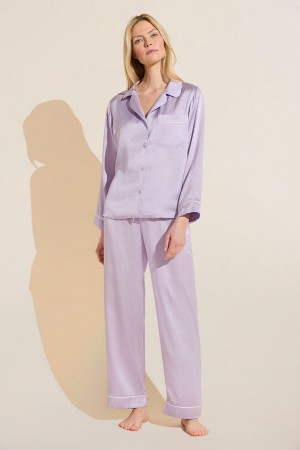 Eberjey Inez Washable Silk Long PJ Set Pyjama Dames Paars Wit | OGK7490LI