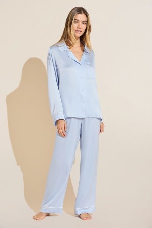 Eberjey Inez Washable Silk Long PJ Set Pyjama Dames Blauw | LAJ8280XQ