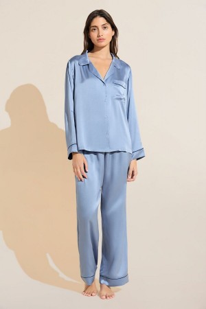 Eberjey Inez Washable Silk Long PJ Set Pyjama Dames Blauw Donkerblauw | BGF6958PF