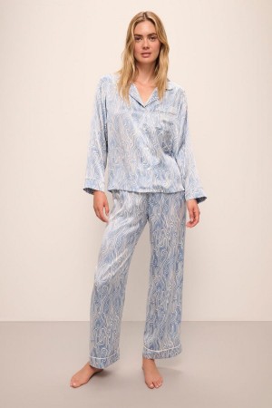 Eberjey Inez Washable Silk Printed Long PJ Set Pyjama Dames Blauw Wit | MYS788HH