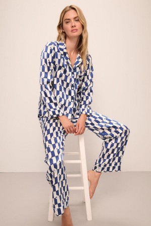 Eberjey Inez Washable Silk Printed Long PJ Set Pyjama Dames Blauw Wit | IDK656YZ