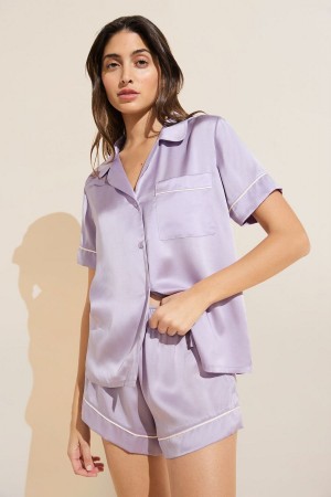 Eberjey Inez Washable Silk Short PJ Set Pyjama Dames Paars Wit | KJT9951KU