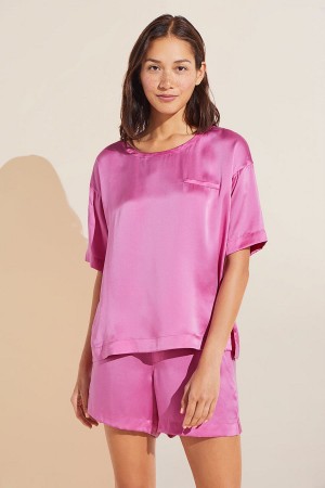 Eberjey Inez Washable Silk Short Sleeve Tee & Boxer PJ Set Pyjama Dames Roze Rood | JDP7430IW