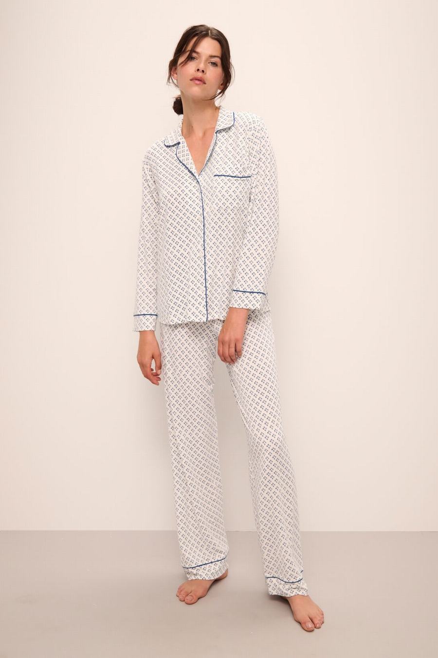 Eberjey Gisele Printed TENCEL™ Modal Long PJ Set Pyjama Dames Wit Blauw | RAY160AG