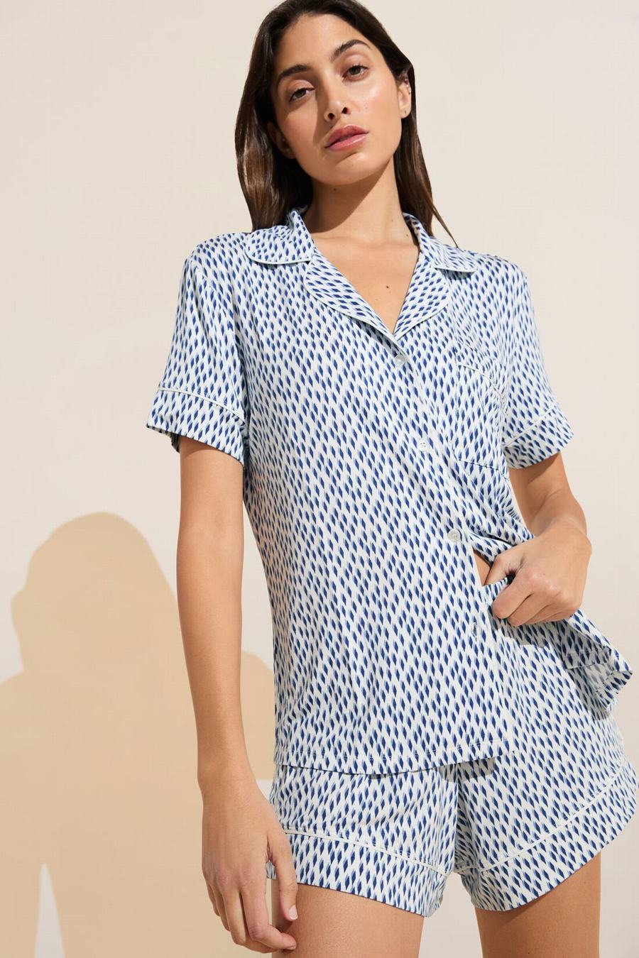 Eberjey Gisele Printed TENCEL™ Modal Relaxed Short PJ Set Pyjama Dames Blauw Wit | KGH8981ZJ