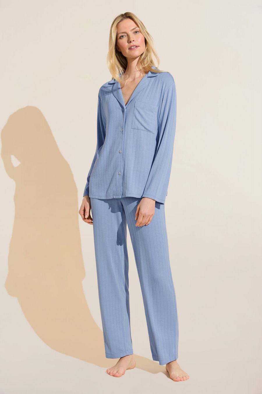 Eberjey Gisele TENCEL™ Modal Rib Long PJ Set Pyjama Dames Blauw | QTA951QS