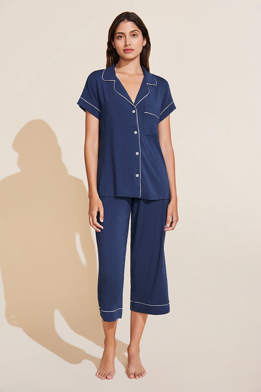 Eberjey Gisele TENCEL™ Modal Short Sleeve Cropped PJ Set Pyjama Dames Donkerblauw Wit | TYZ4614LA