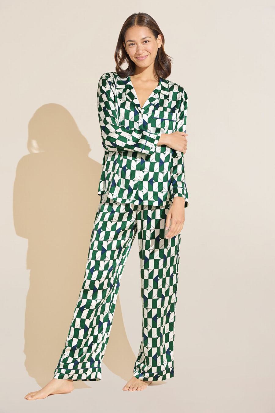 Eberjey Inez Washable Silk Printed Long PJ Set Pyjama Dames Groen Donkerblauw Wit | BYK3613XM