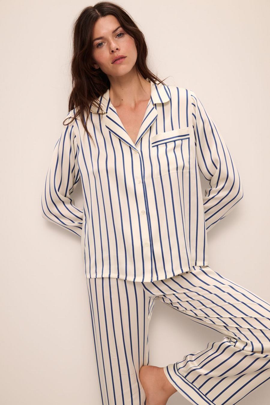 Eberjey Inez Washable Silk Printed Long PJ Set Pyjama Dames Wit Blauw | ZZD6931IR