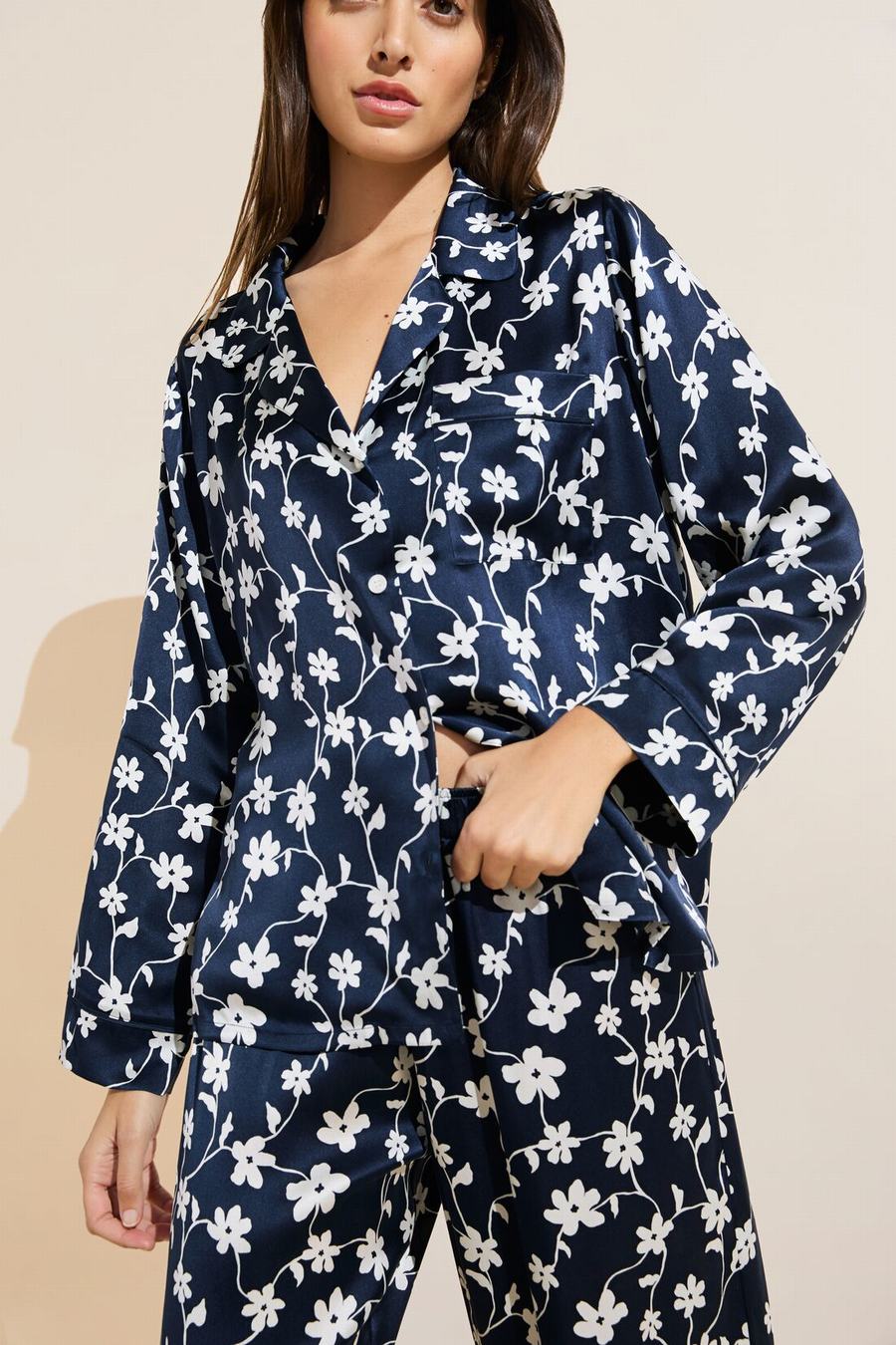 Eberjey Inez Washable Silk Printed Long PJ Set Pyjama Dames Donkerblauw Wit | DOT5070OY