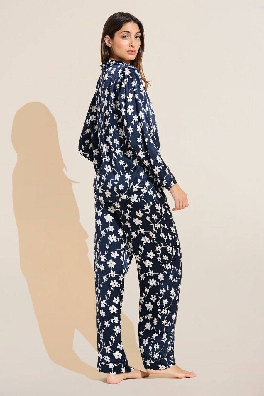 Eberjey Inez Washable Silk Printed Long PJ Set Pyjama Dames Donkerblauw Wit | DOT5070OY