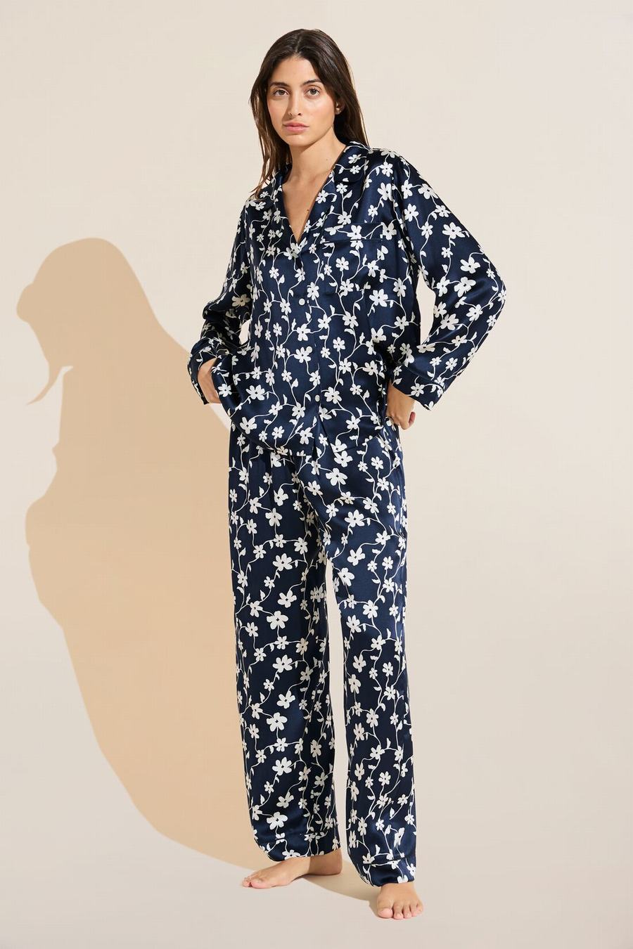 Eberjey Inez Washable Silk Printed Long PJ Set Pyjama Dames Donkerblauw Wit | DOT5070OY