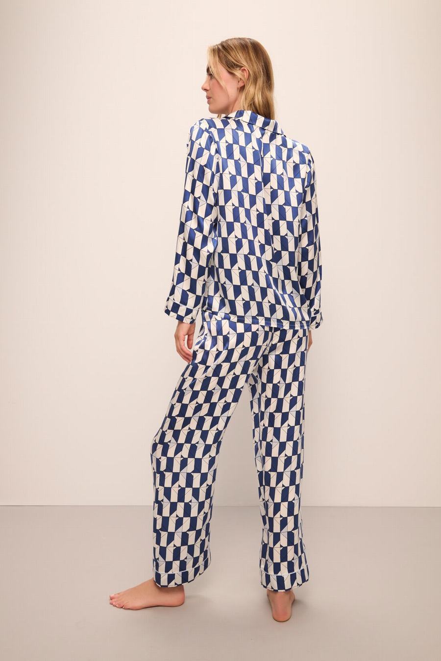 Eberjey Inez Washable Silk Printed Long PJ Set Pyjama Dames Blauw Wit | IDK656YZ