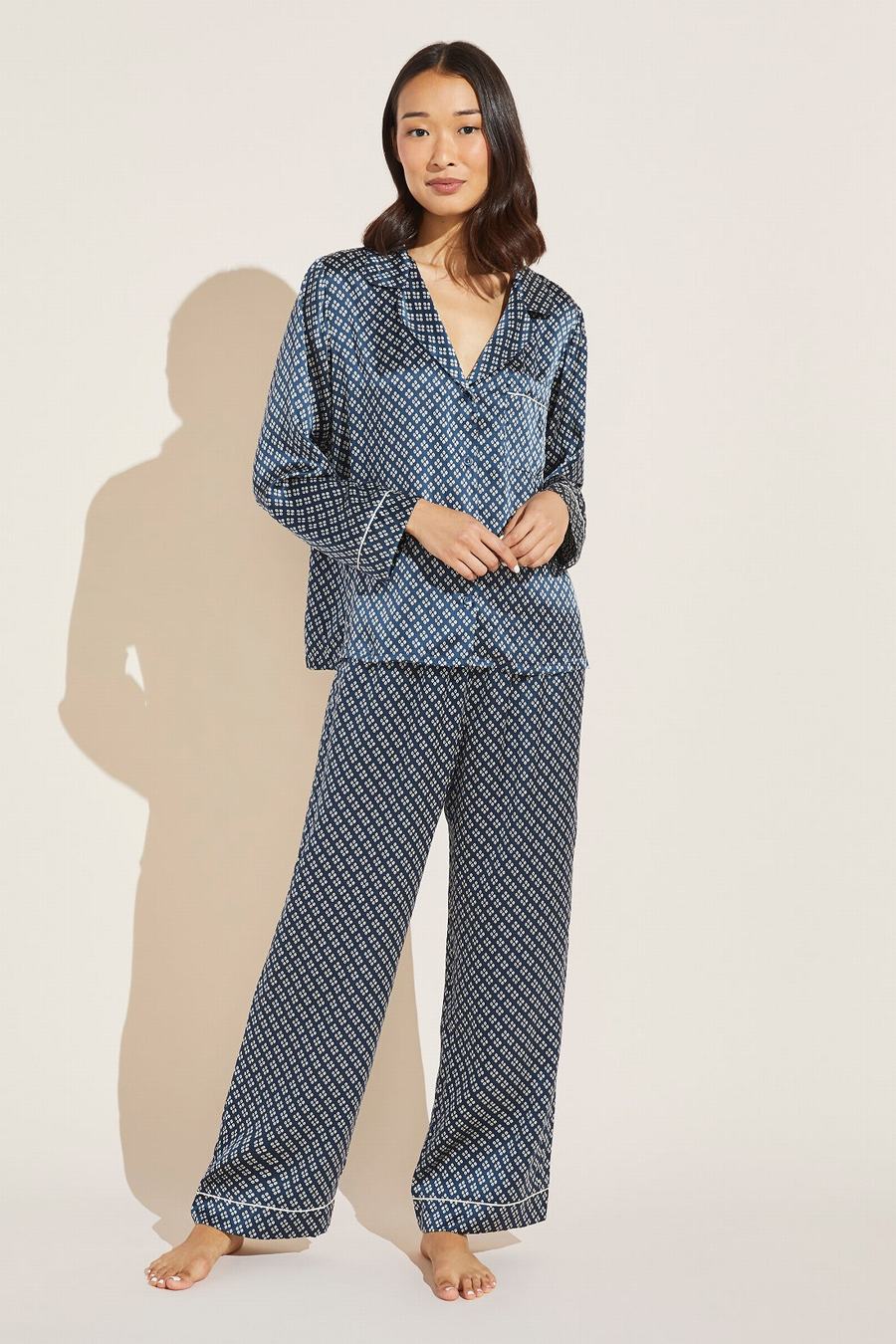 Eberjey Inez Washable Silk Printed Long PJ Set Pyjama Dames Indigo Blauw Beige | NUW9124IM