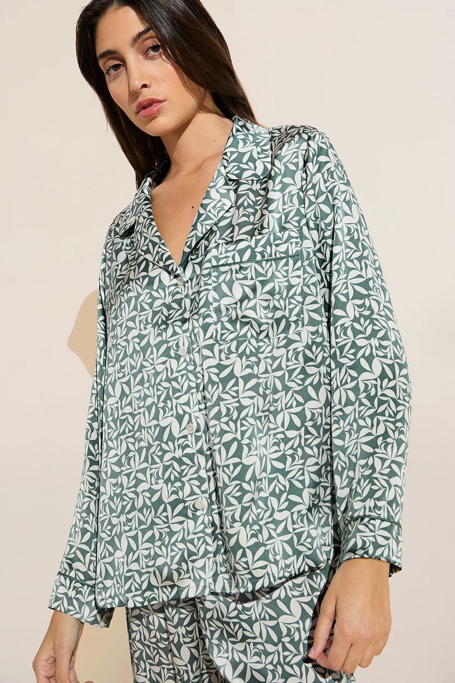 Eberjey Inez Washable Silk Printed Long PJ Set Pyjama Dames Groen Wit | WGO610NE