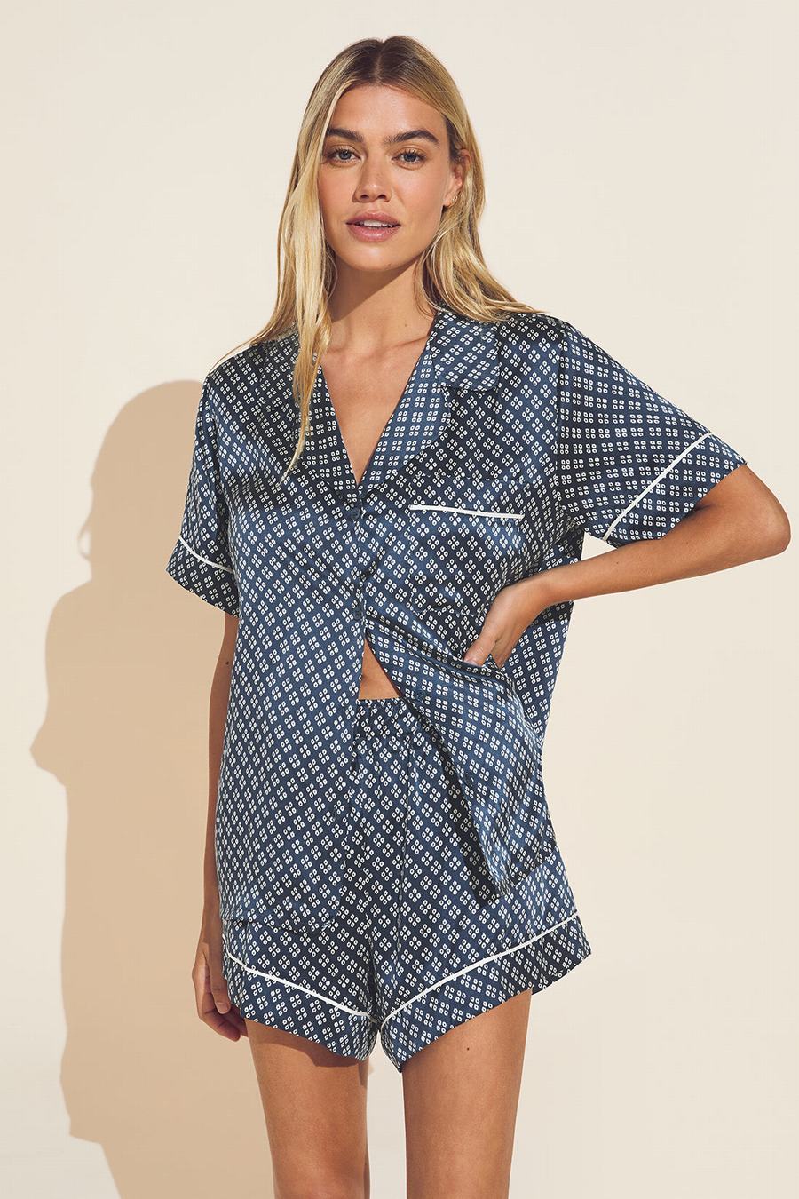 Eberjey Inez Washable Silk Printed Short PJ Set Pyjama Dames Indigo Blauw Beige | JSP8285NP