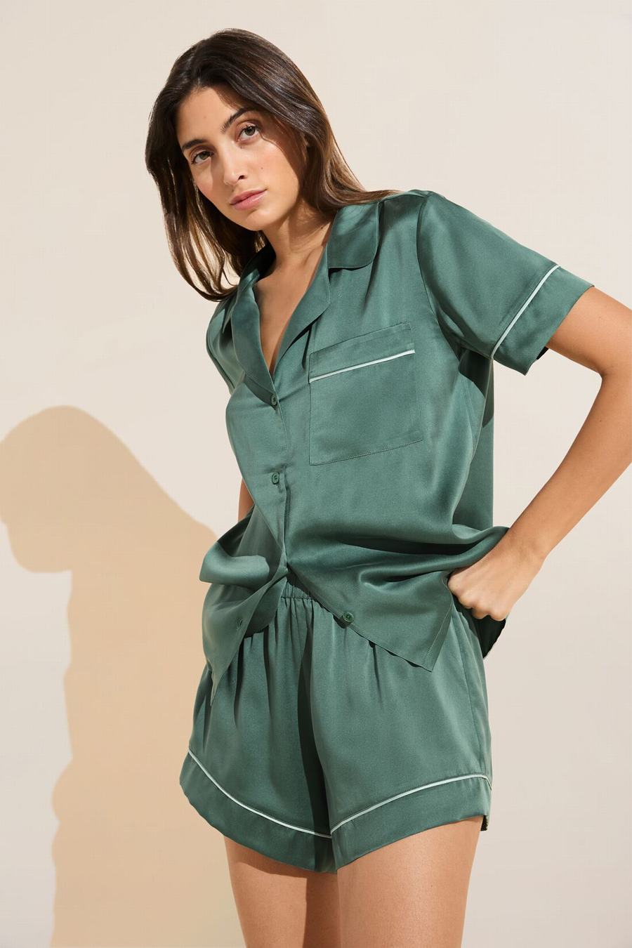 Eberjey Inez Washable Silk Short PJ Set Pyjama Dames Donkergroen | CVL7995KX