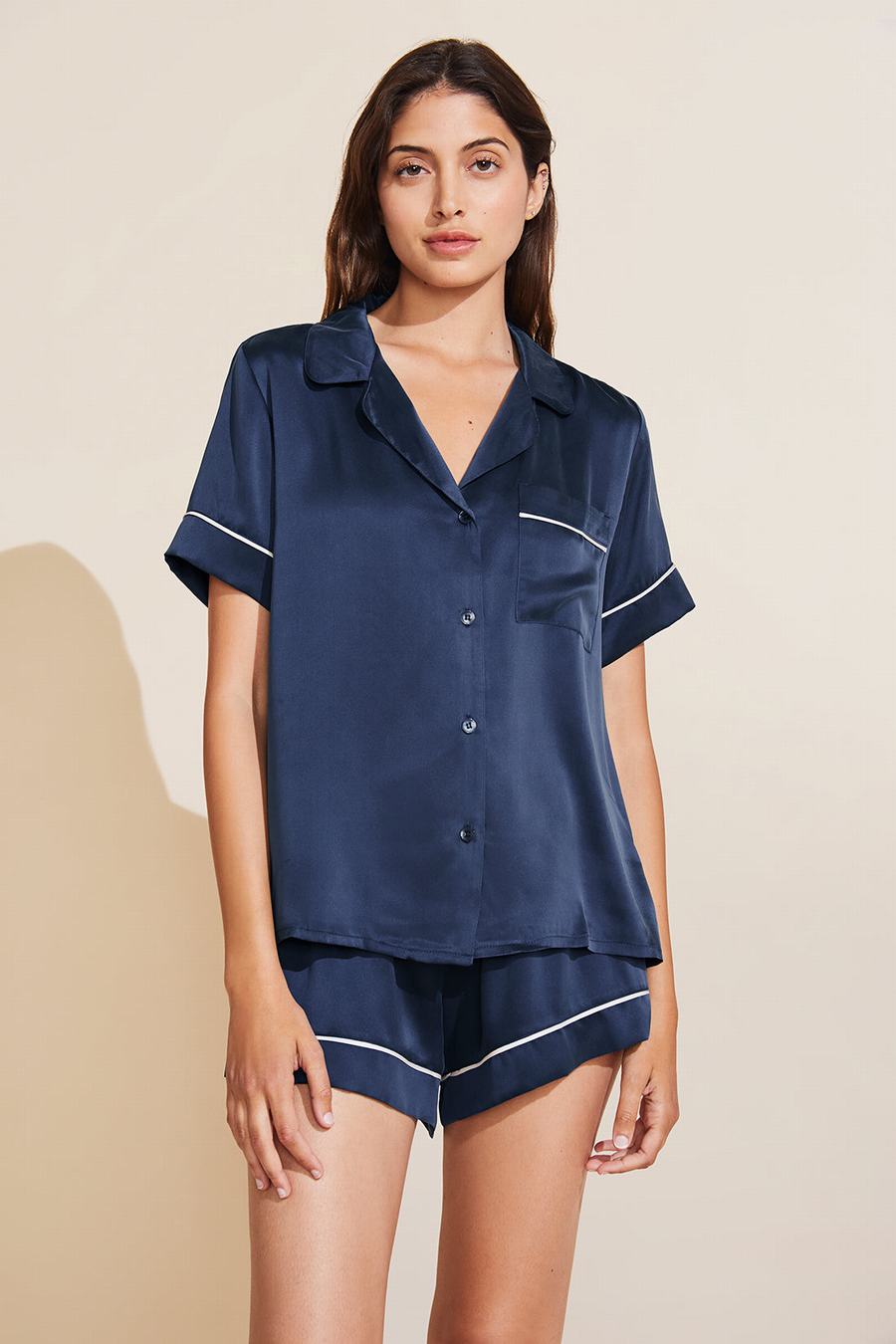 Eberjey Inez Washable Silk Short PJ Set Pyjama Dames Donkerblauw | UFB1755GX